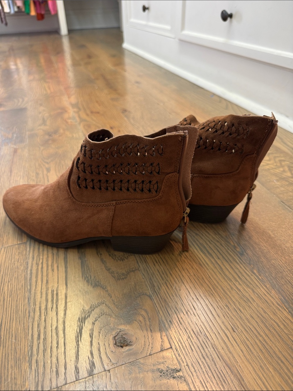 Brown Suede Women's Ankle Boots with Braided Detail